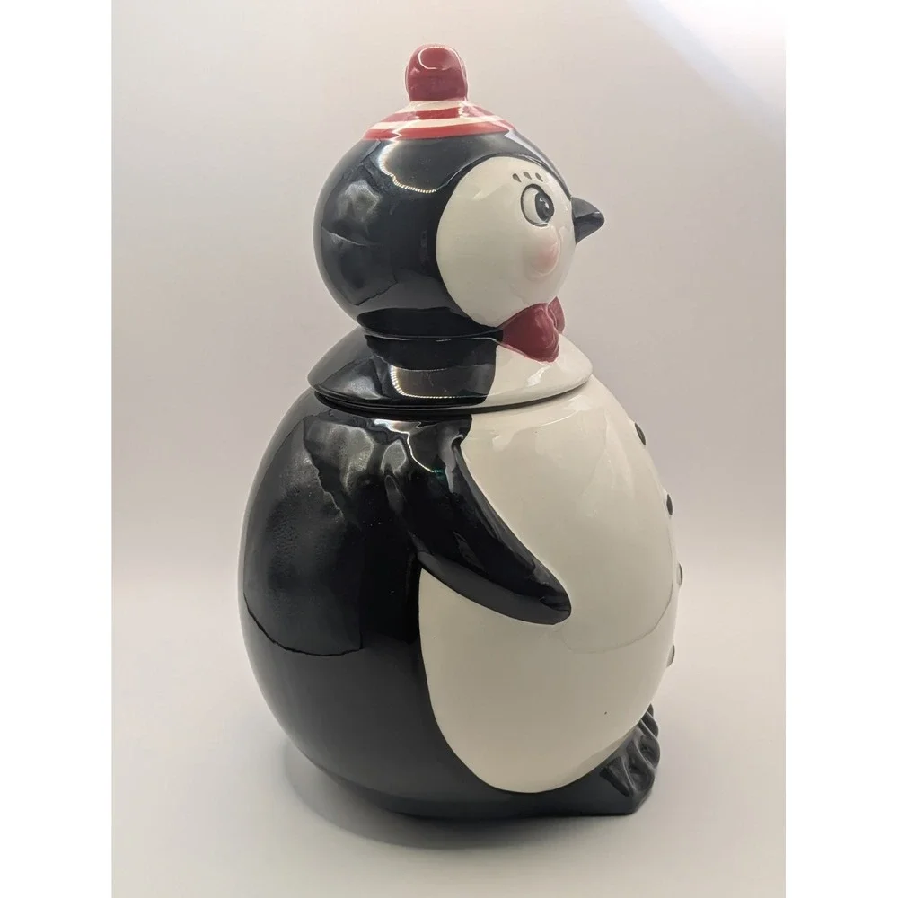 Johanna Parker Carnival Cottage Penguin Christmas Cookie Jar Canister Snug Lid - Picture 4 of 16